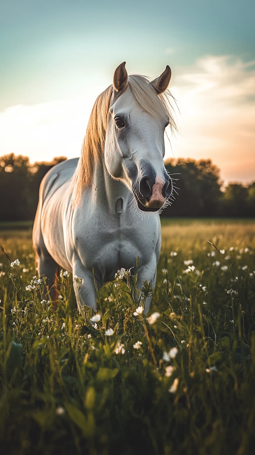 White horse standing in a sunlit meadow at golden hour