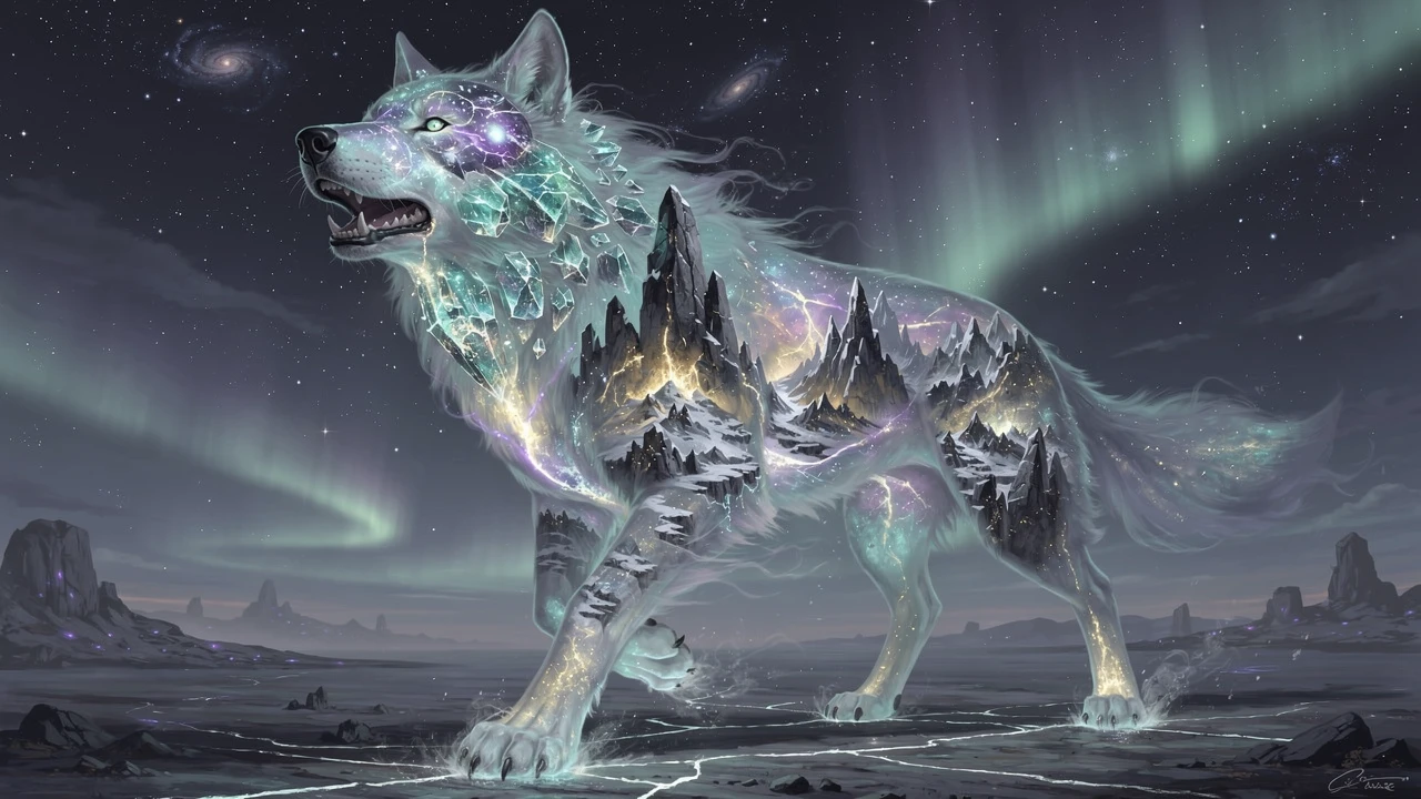 Lobo colosal translúcido caminhando por uma planície estrelada