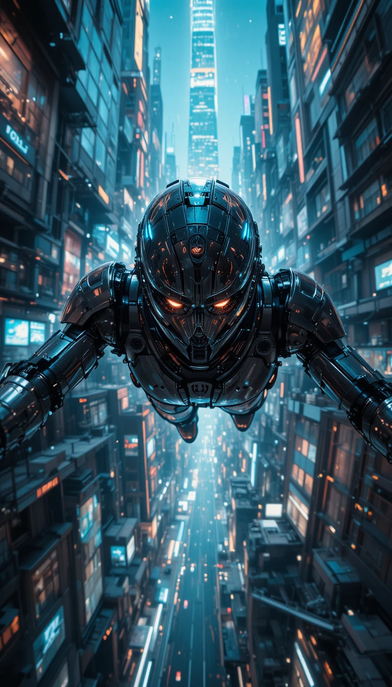 Ciborgue voando por uma cidade futurista com luzes de néon