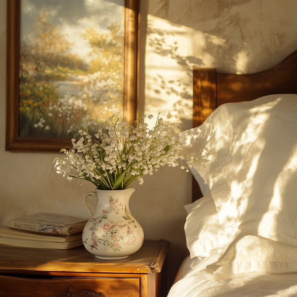 Fiori tranquilli sul comodino sotto un dipinto a olio vintage