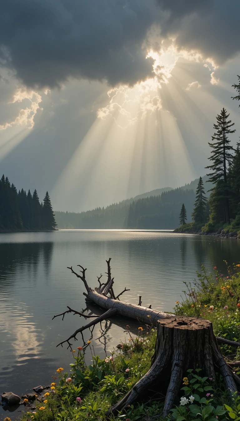 Raggi di sole che filtrano tra le nuvole di pioggia su un lago tranquillo