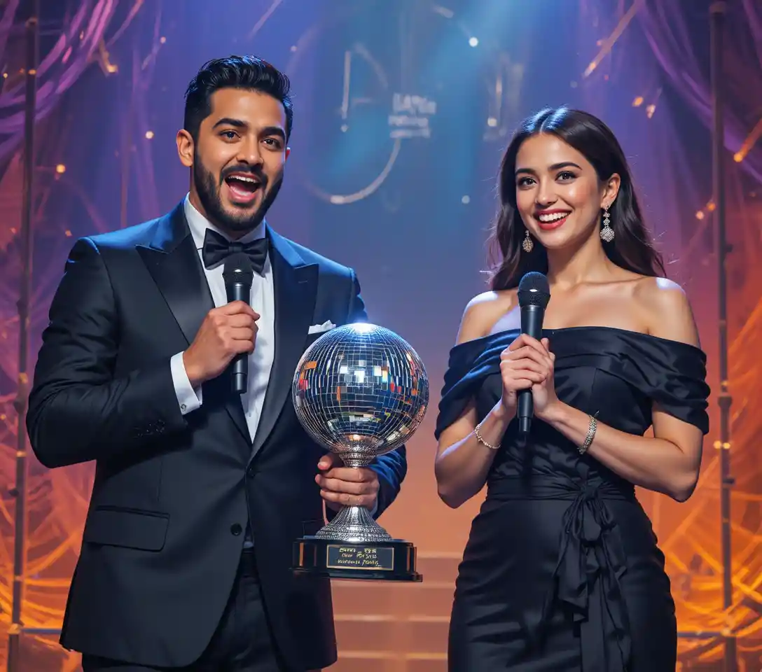 Mann und Frau feiern auf der Bühne mit einer Discokugel-Trophäe