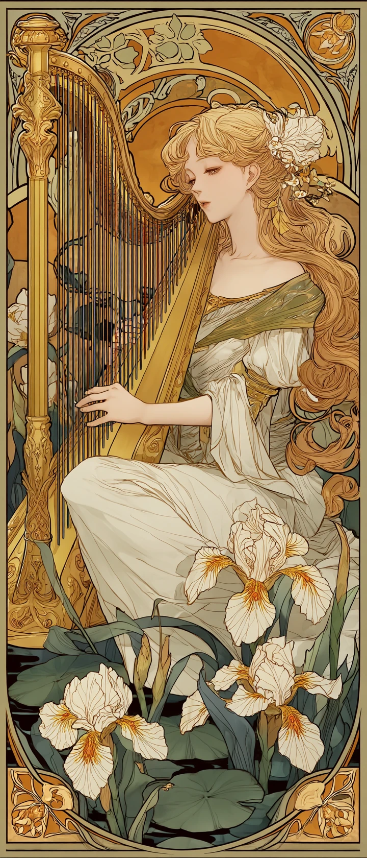 Anime harpist with blooming floral harp strings