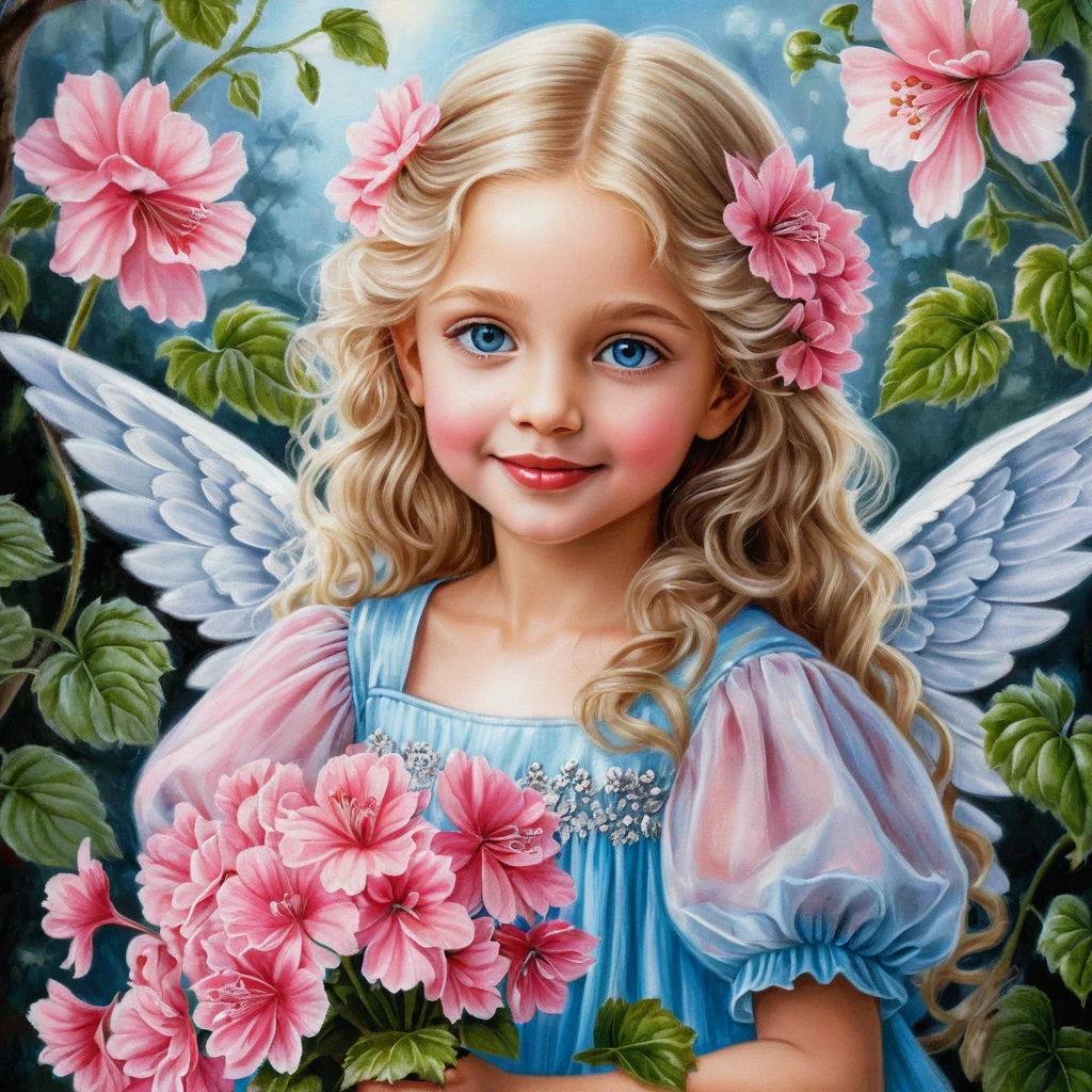 Dolce angelo di primavera sorridente con fiori rosa e ali