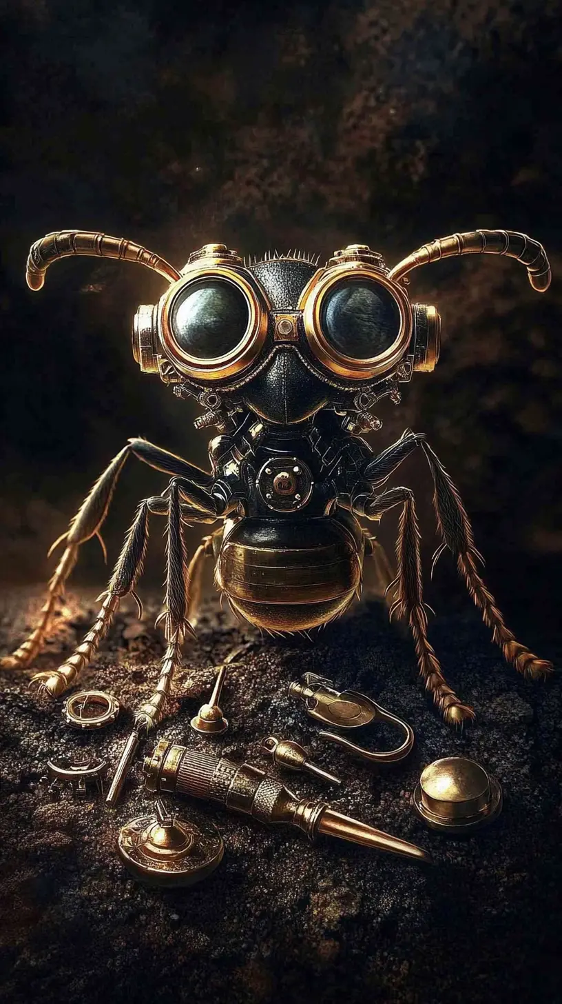 Steampunk-Ameise mit Schutzbrille und Werkzeugen steht stolz