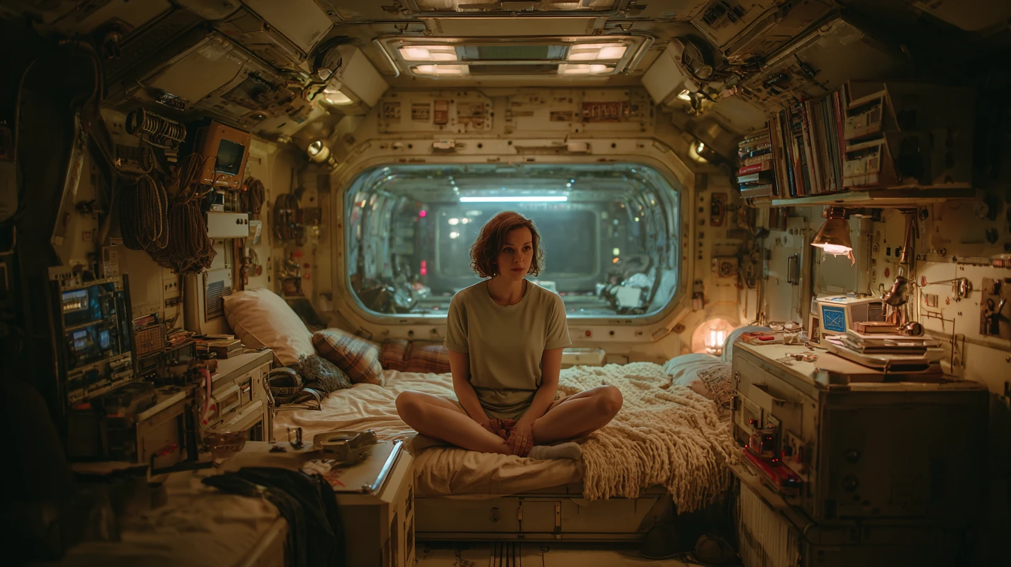 Mujer descansando en cabina de nave espacial retrofuturista