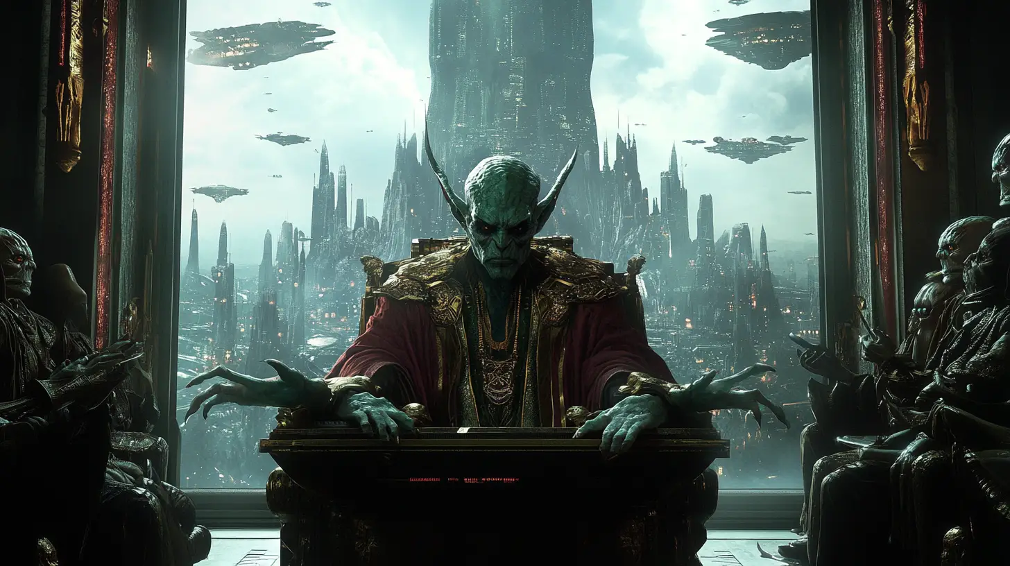 Ancien seigneur alien dans une grande salle du trône de science-fiction