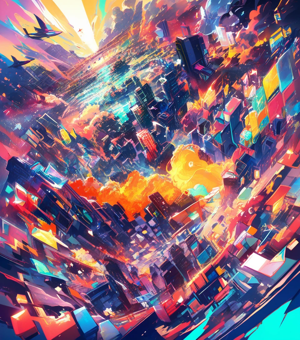 Paisagem urbana abstrata vibrante com fachadas geométricas e silhuetas