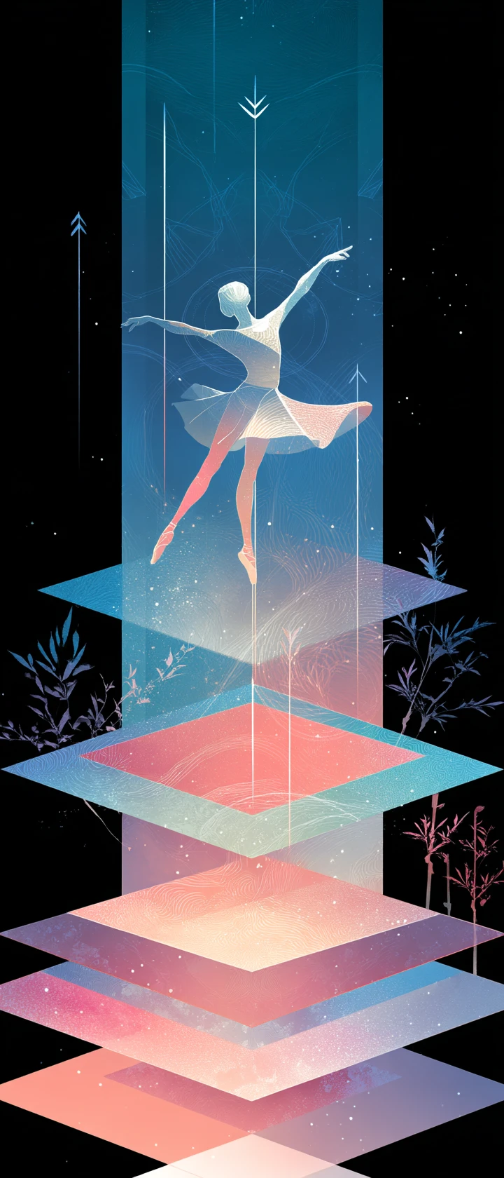 Acrobata de anime dançando em palco abstrato colorido