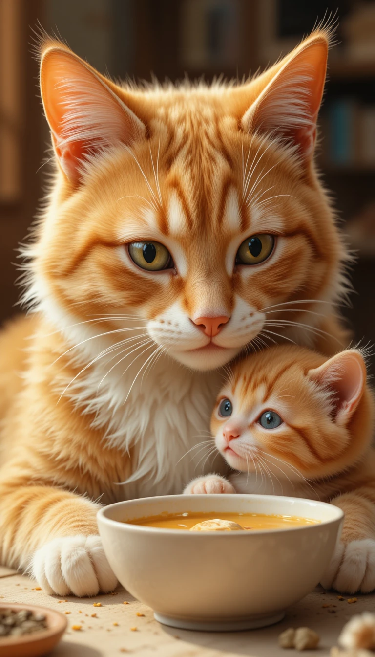 Chatte mère tigrée dorée nourrissant tendrement un minuscule chaton