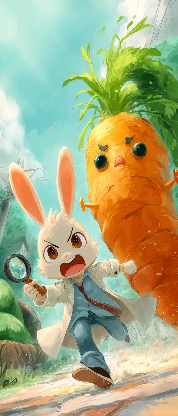 Anime rabbit detective chasing a giant carrot in park