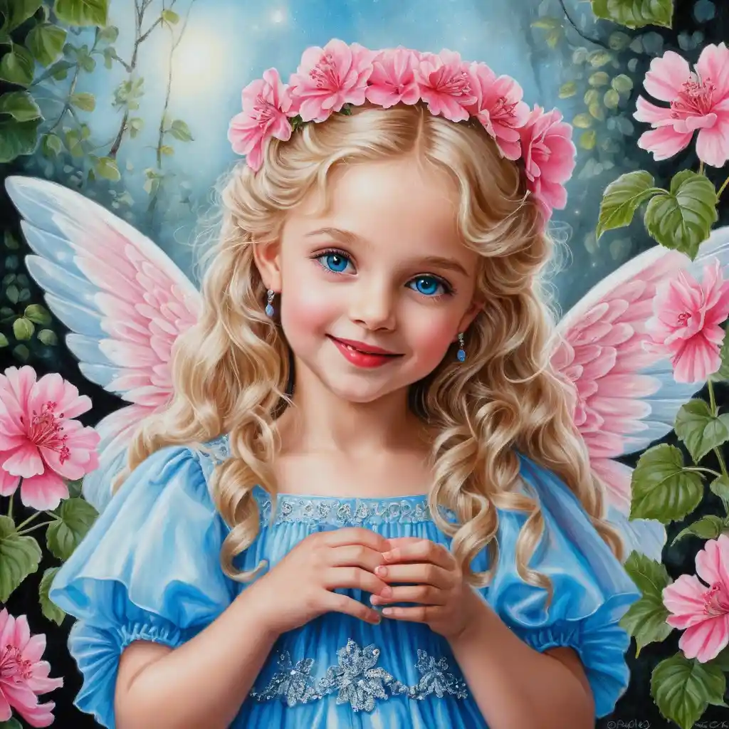 Smiling spring angel girl holding pink geranium bouquet