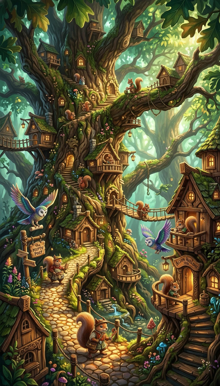 Vila fantasiosa de esquilos escondida dentro de uma árvore antiga