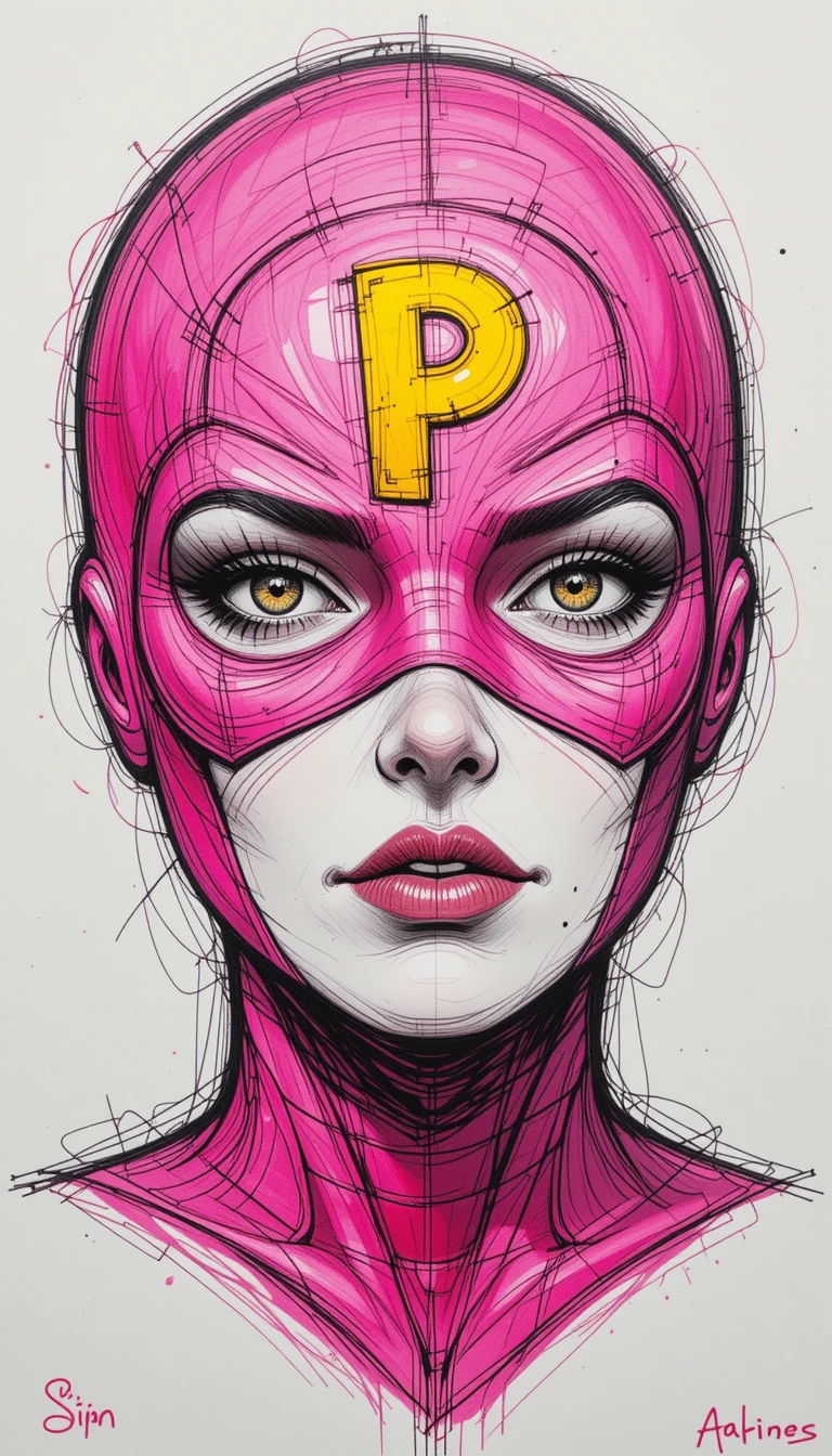 Esboço a lápis em close do rosto de uma super-heroína mascarada