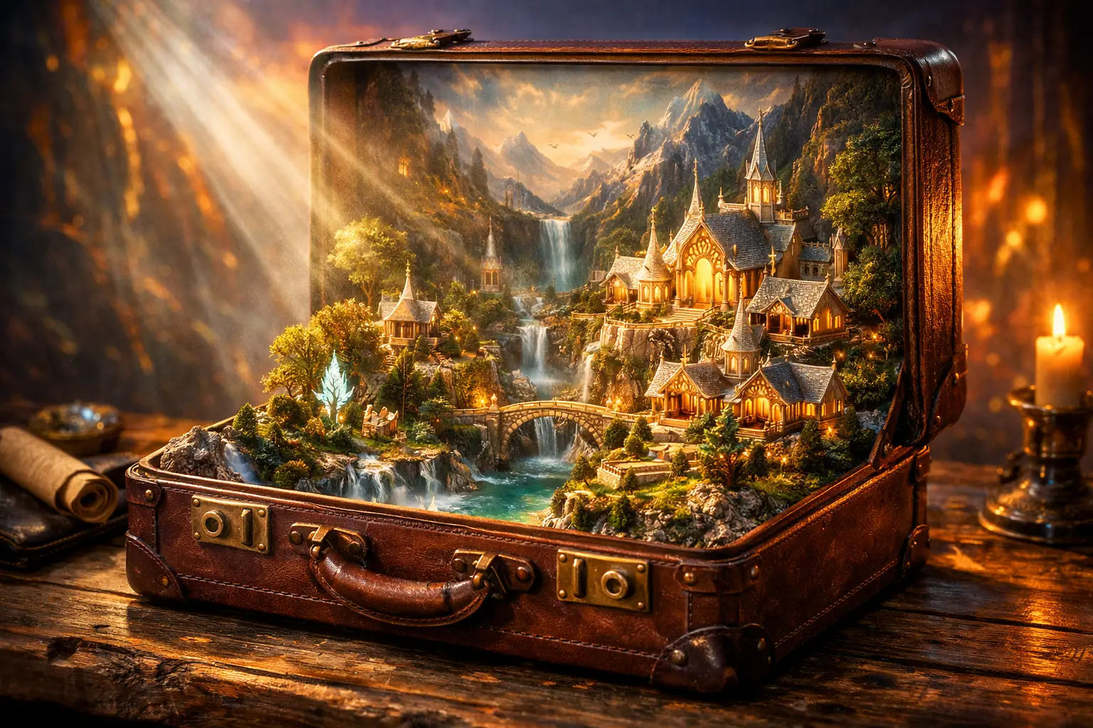 Valigia aperta che rivela una piccola città fantasy al suo interno