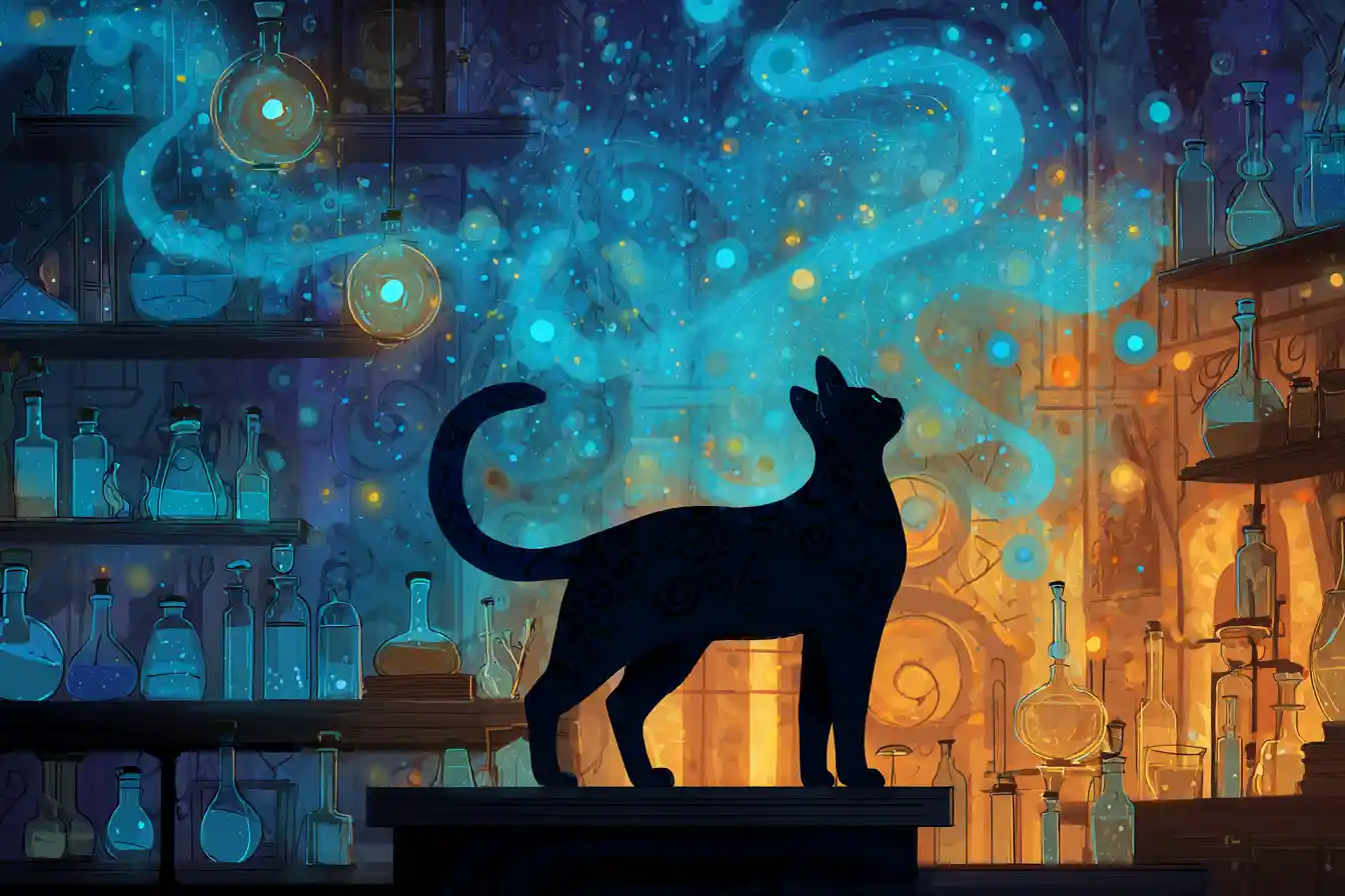 Egyptian cat silhouette in mystical alchemy laboratory