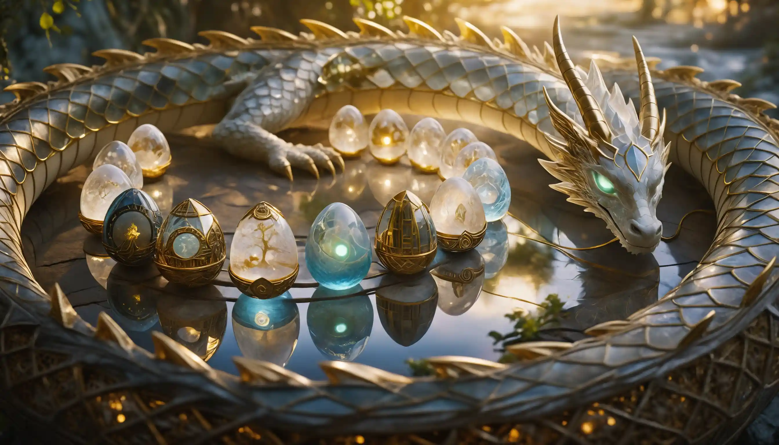 Cosmic crystal dragon guarding multiverse eggs in serenity