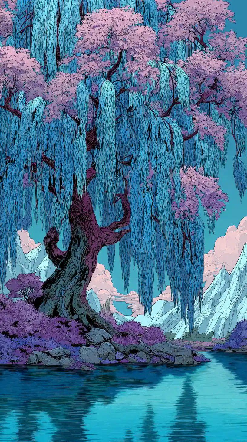 Blue willow tree reflected in a tranquil fantasy pond