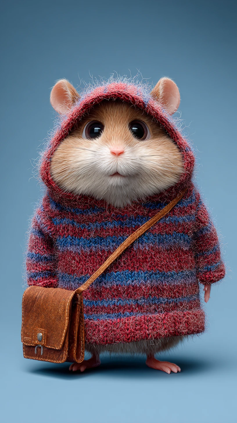 Shy Hamster In Chunky Knit Hoodie With Shoulder Bag