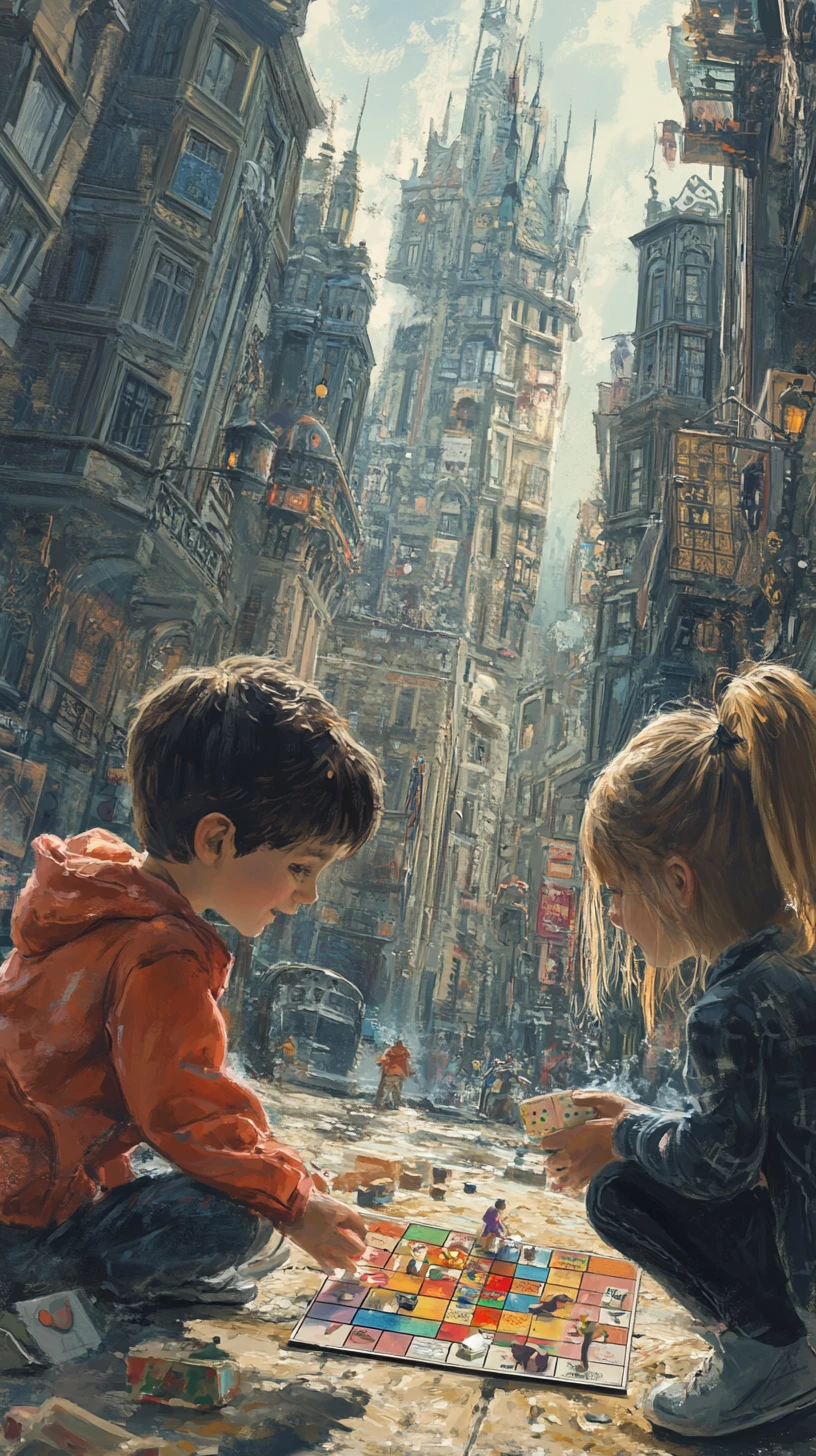 Duas crianças jogando Banco Imobiliário em uma pintura de cidade colorida