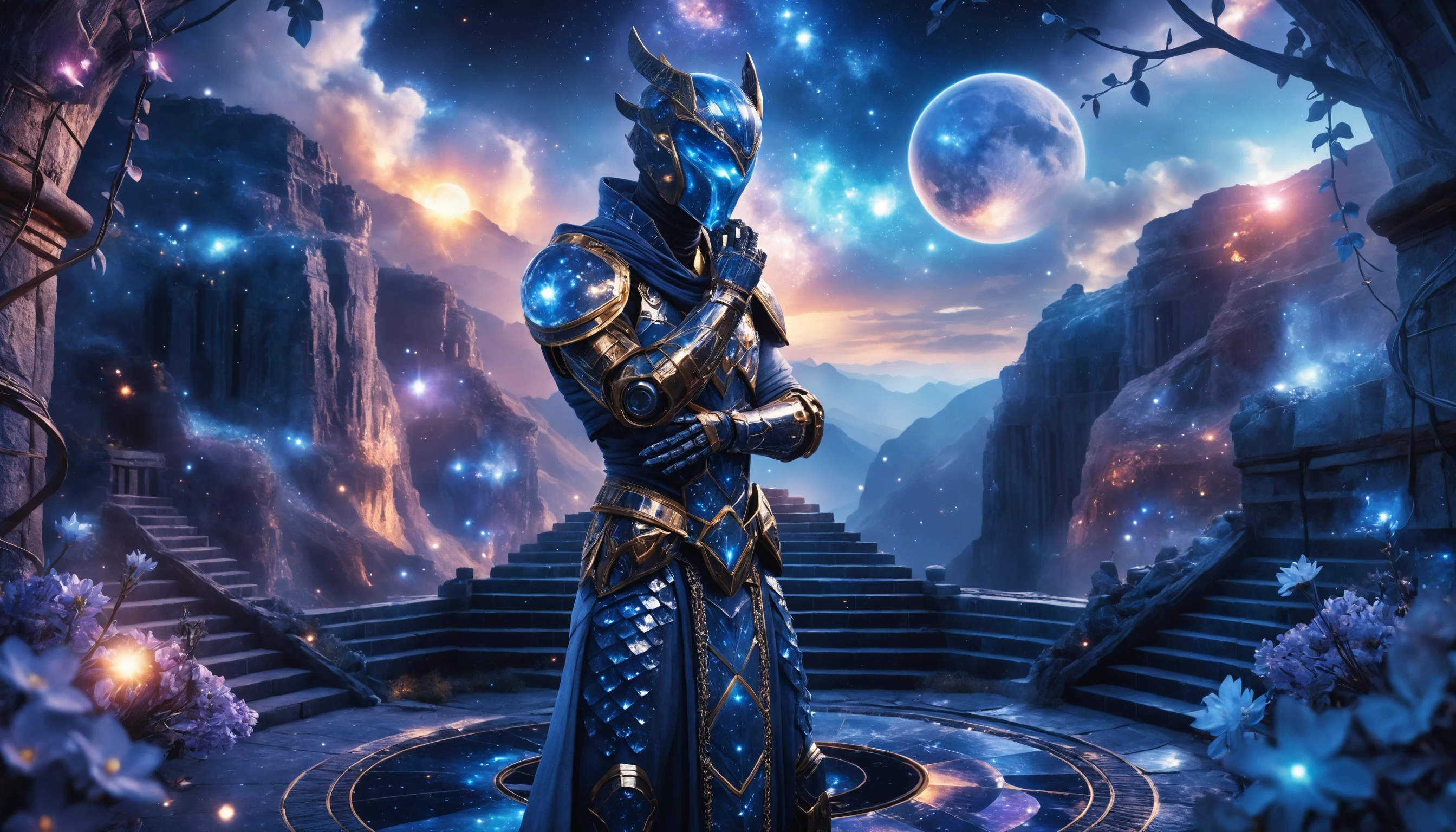 Druide androïde observant les étoiles sur une ancienne ziggourat au clair de lune
