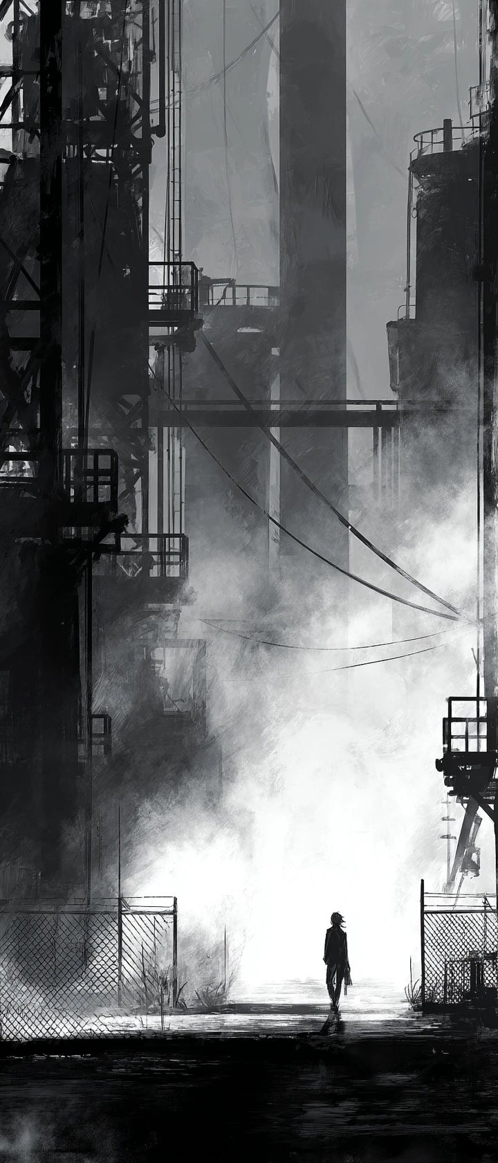 Fugitivo de anime correndo por pátio industrial enevoado à noite