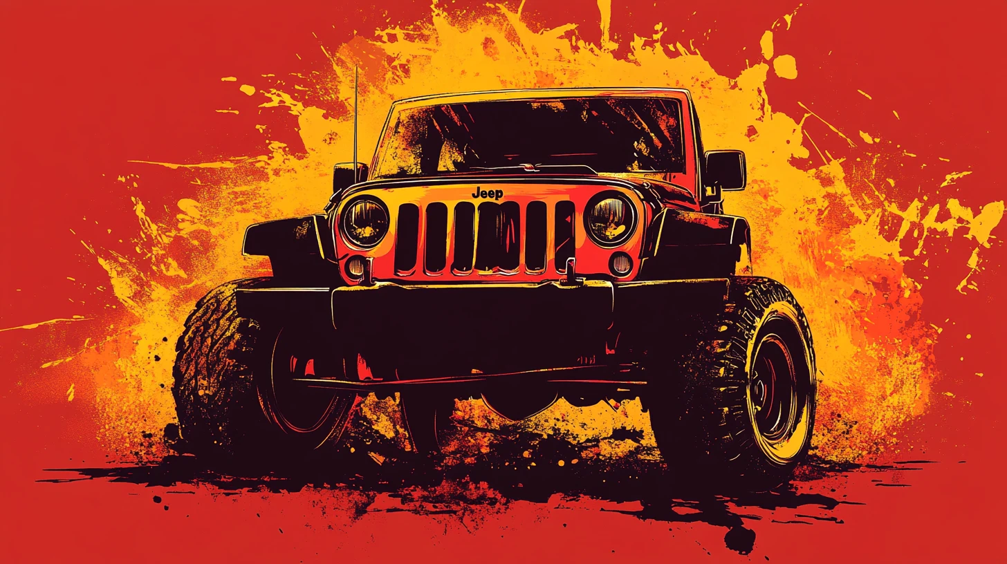 Ilustración vectorial de jeep elevado con fondo de salpicaduras de fuego