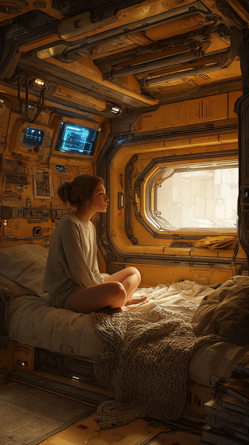 Donna che si rilassa in una accogliente cabina di astronave retro-futuristica