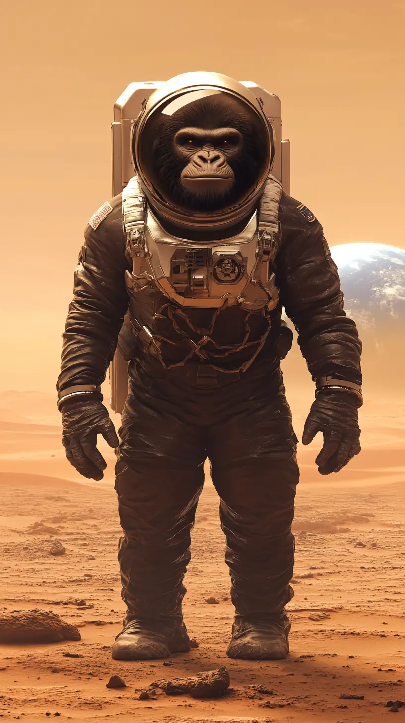 站在火星紅色地表上的大猩猩太空人
