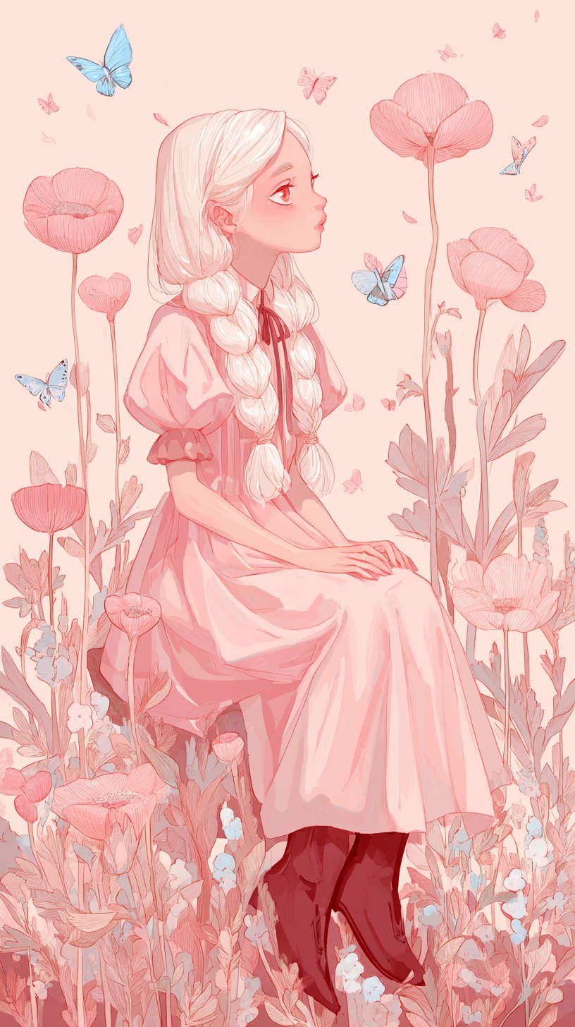 Anime Virgo girl sitting on a tall spring flower