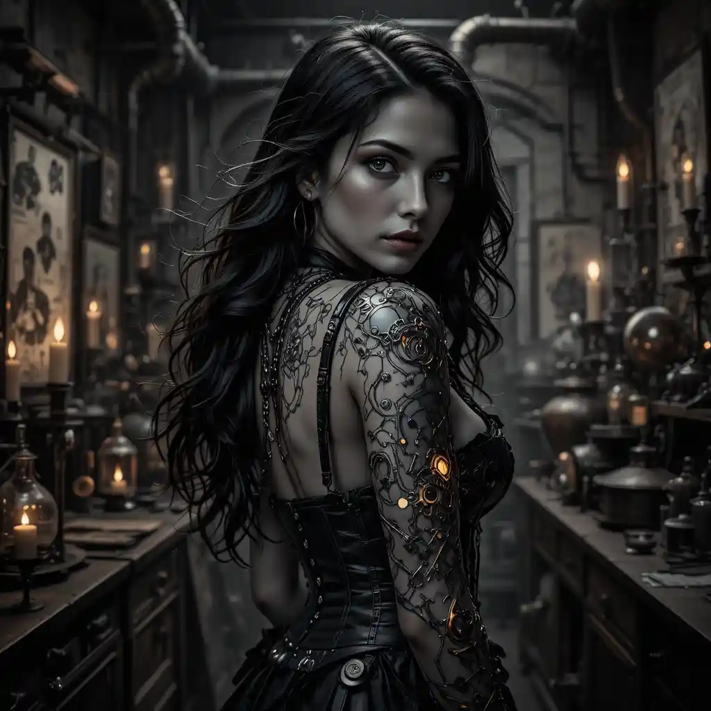 Noir steampunk woman in a glowing mechanical corset