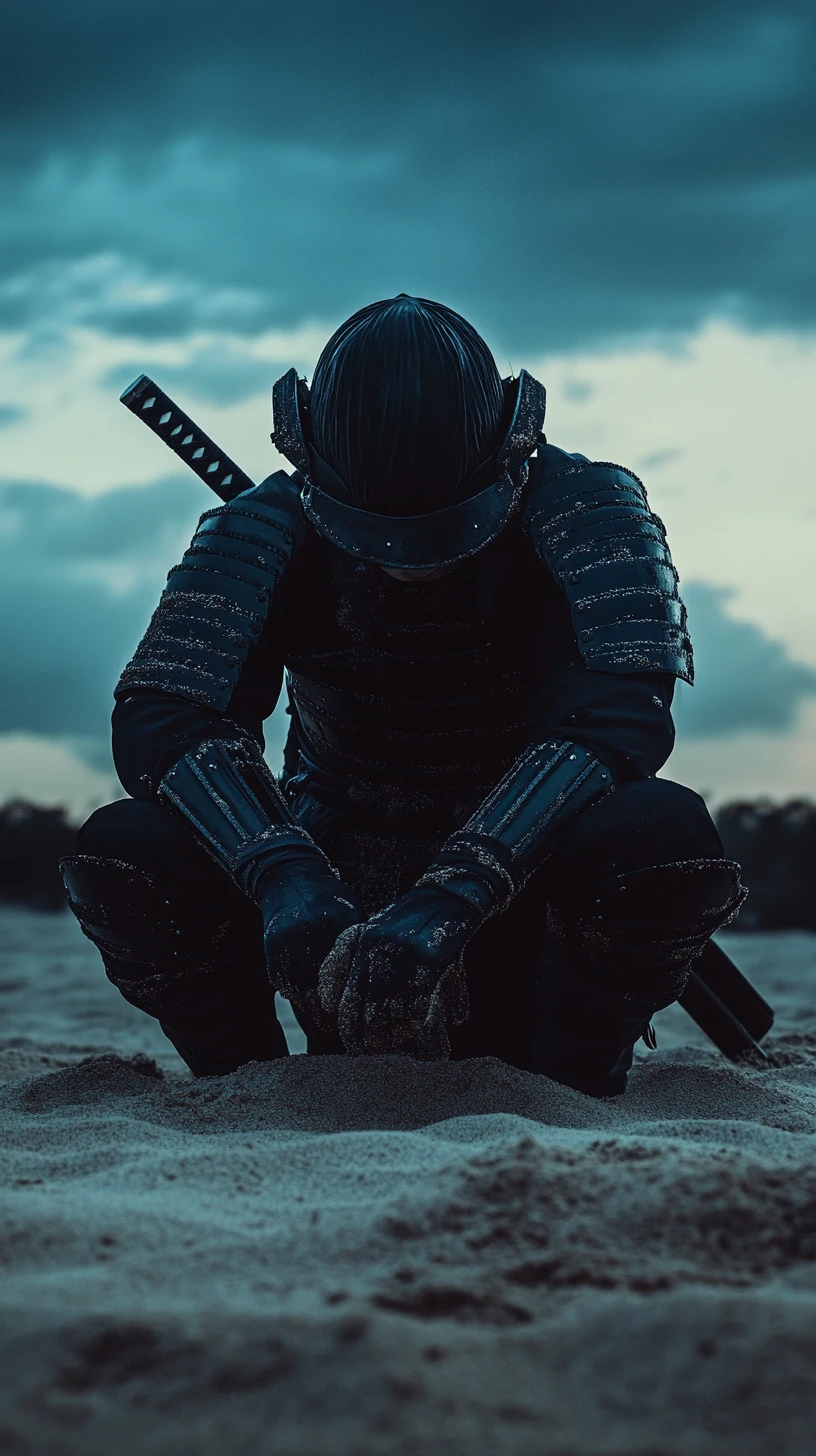 Samurai solitário ajoelhado na areia em um campo de batalha ao entardecer silencioso