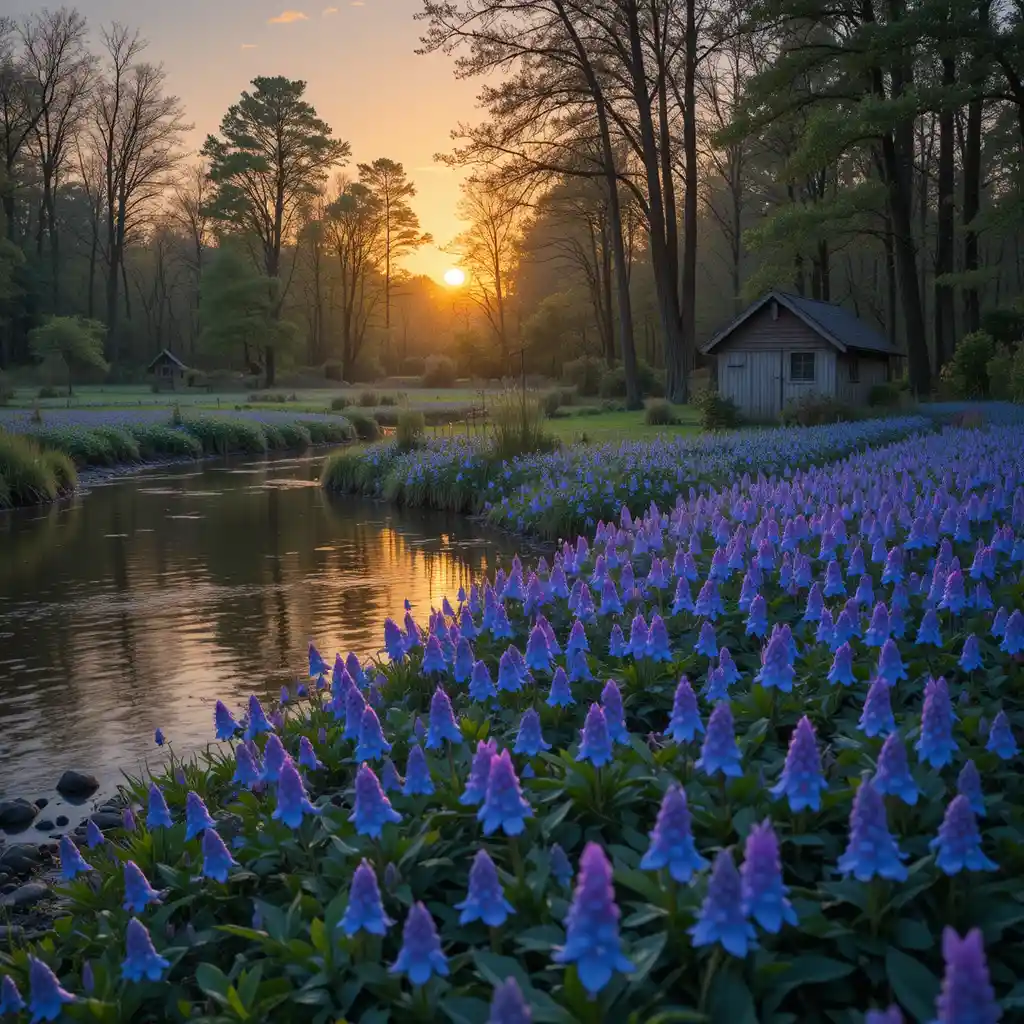 Small riverside shed among trees at peaceful sunset