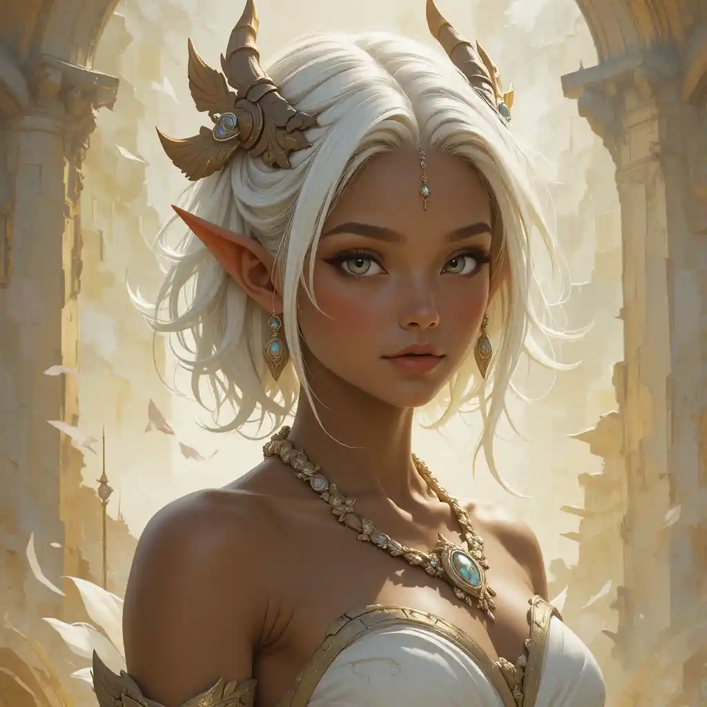 Dark skinned fairy girl with white hair and golden eyes