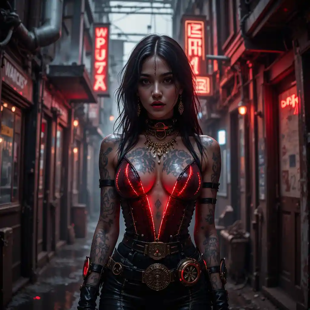 Noir cyberpunk femme fatale in a rain soaked alley