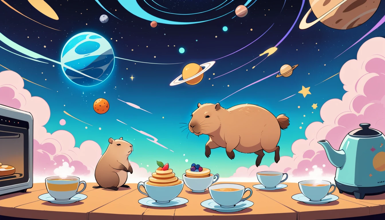 Capivara preparando o café da manhã em uma cozinha quente e iluminada pelo sol