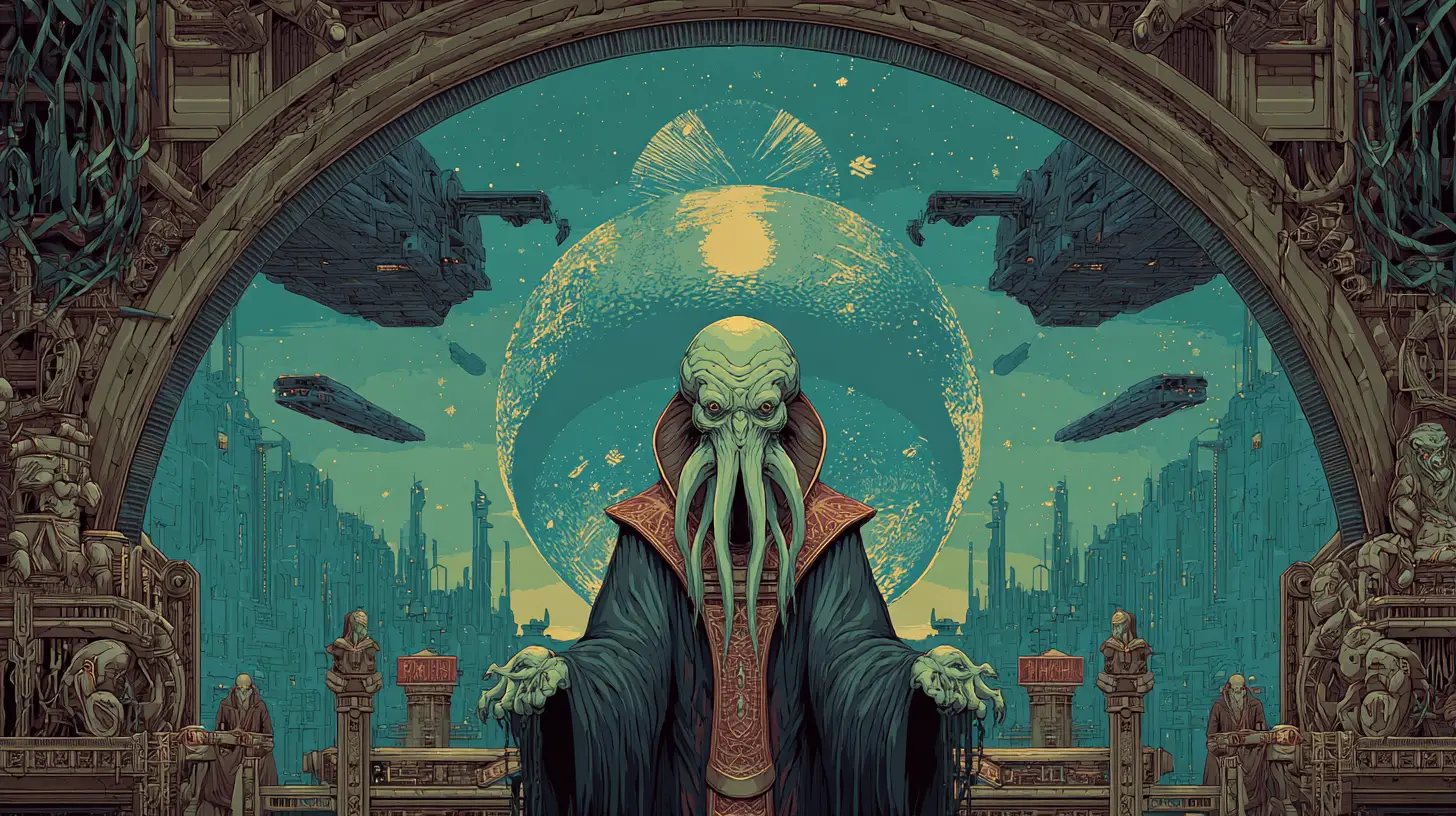Ancien Seigneur Alien sur un Trône dans une Ville Futuriste