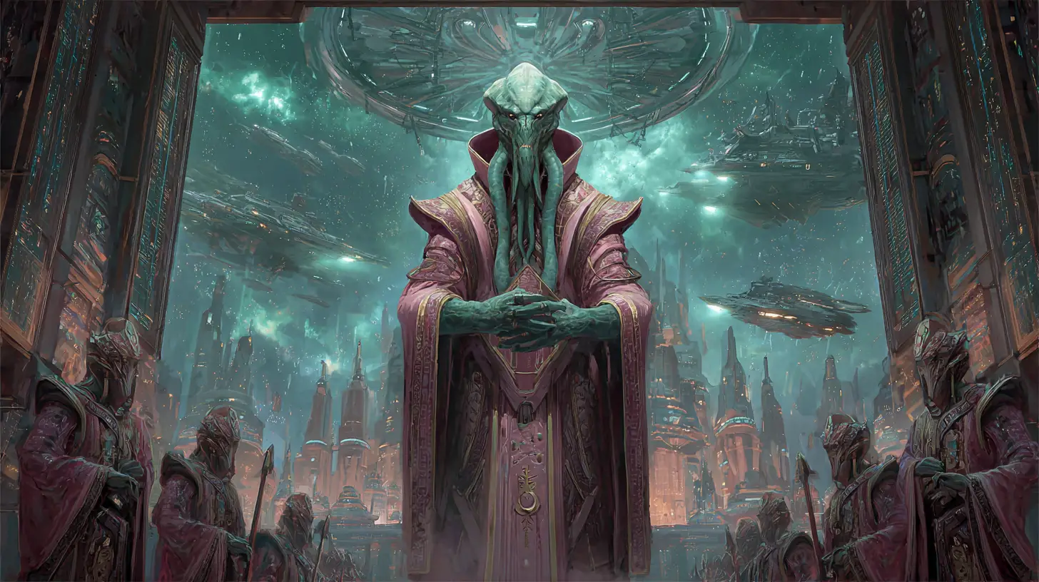 Ancien seigneur alien intronisé dans une vaste salle galactique