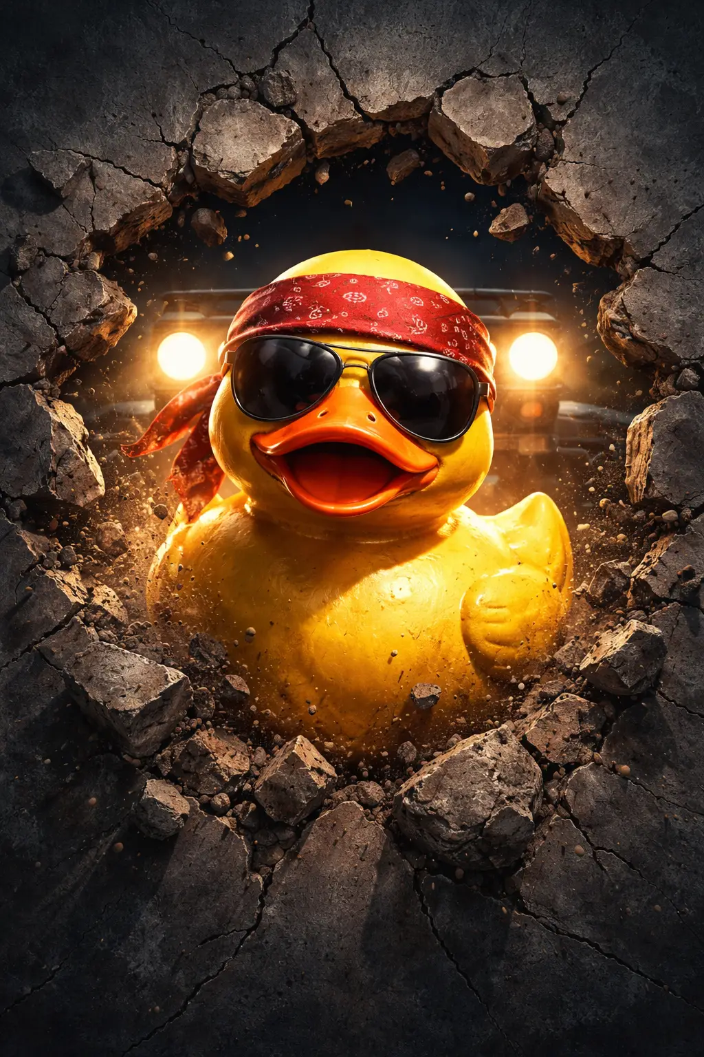 Cool rubber duck bursting through a cracked wall