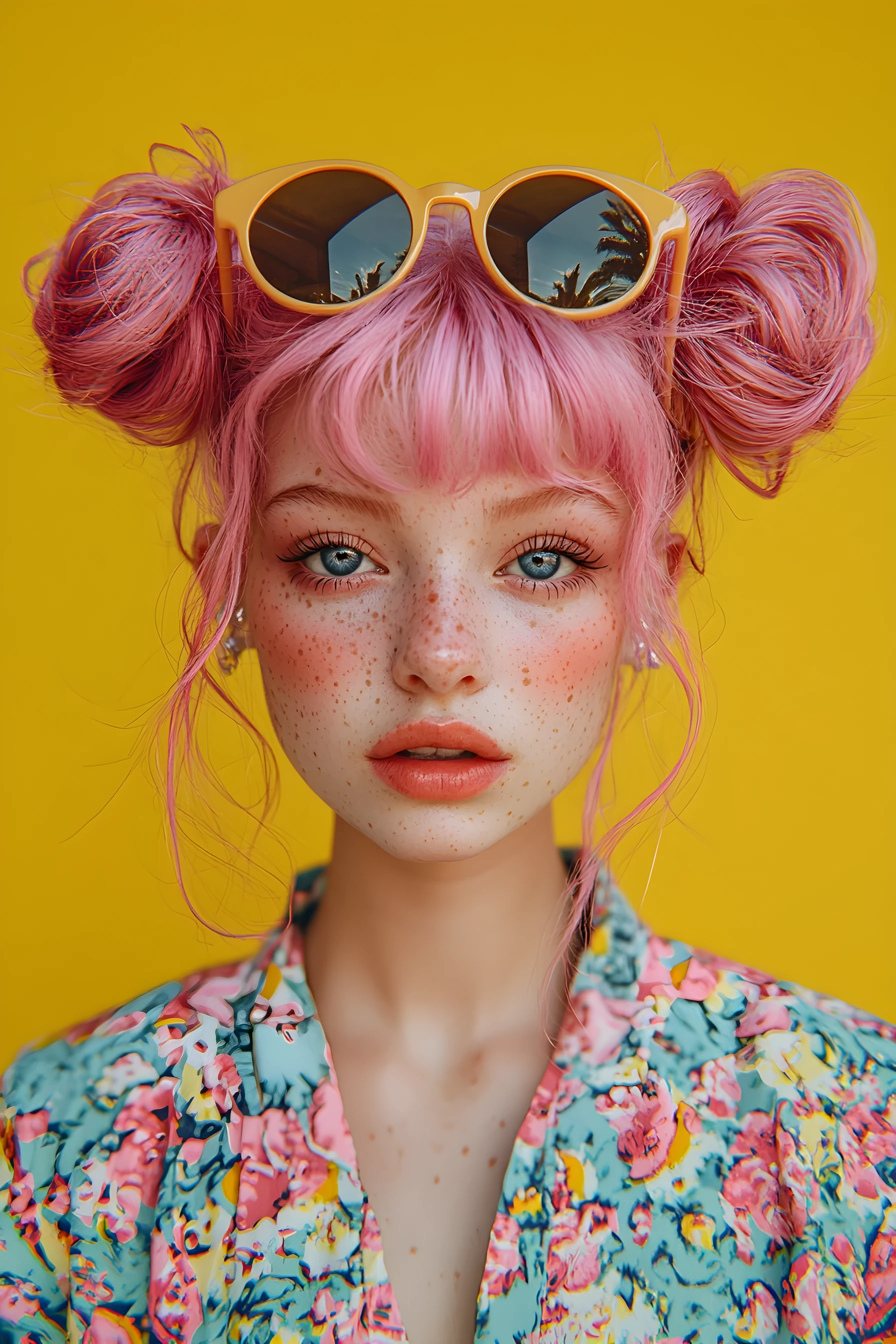 Ragazza dai capelli pastello con outfit floreale e occhiali da sole