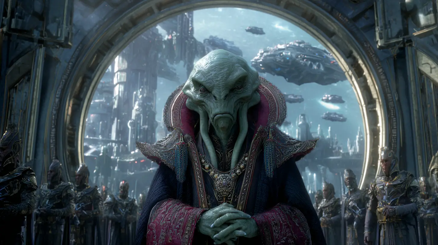 Ancien seigneur extraterrestre assis dans une vaste salle du trône