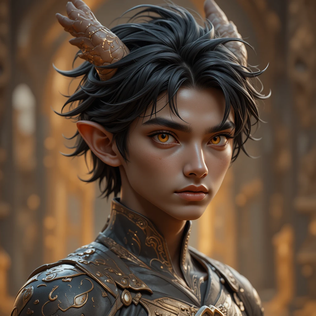 Giovane uomo drago con occhi arancioni in un mondo fantasy