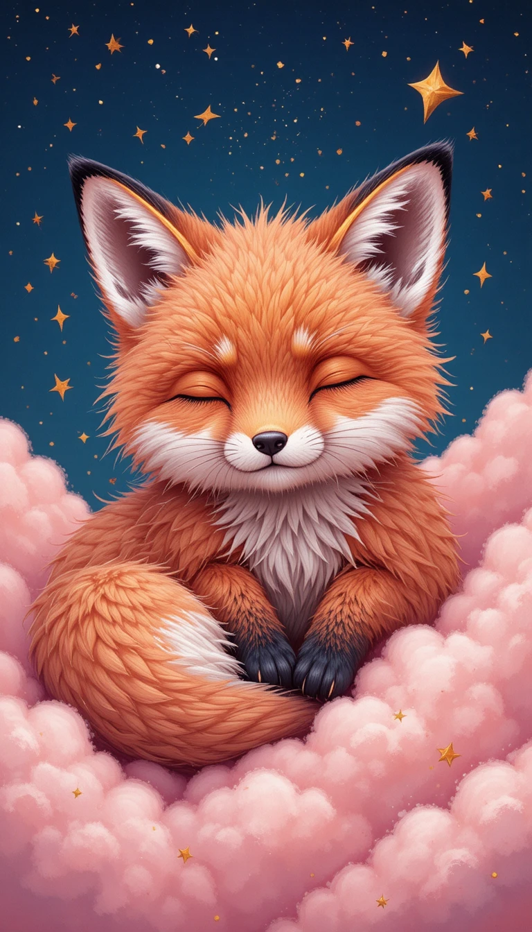 Raposa fofa e peluda dormindo em nuvens noturnas rosa pastel