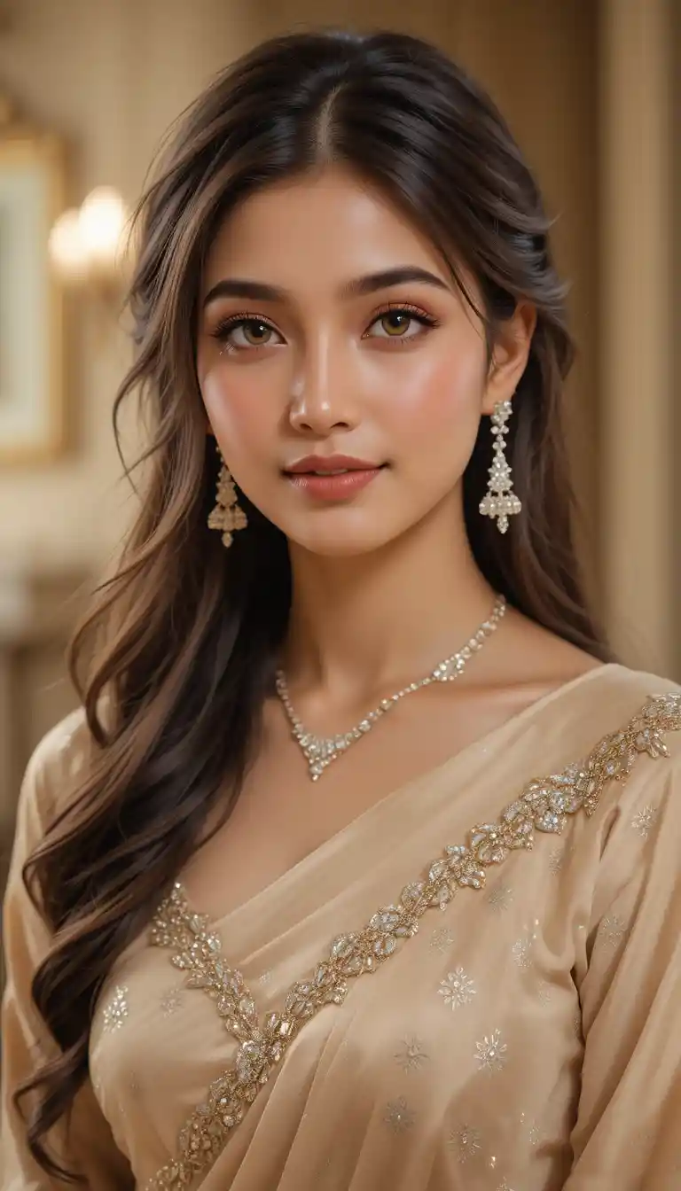 Portrait d’une élégante femme indienne en sari pastel et diamants