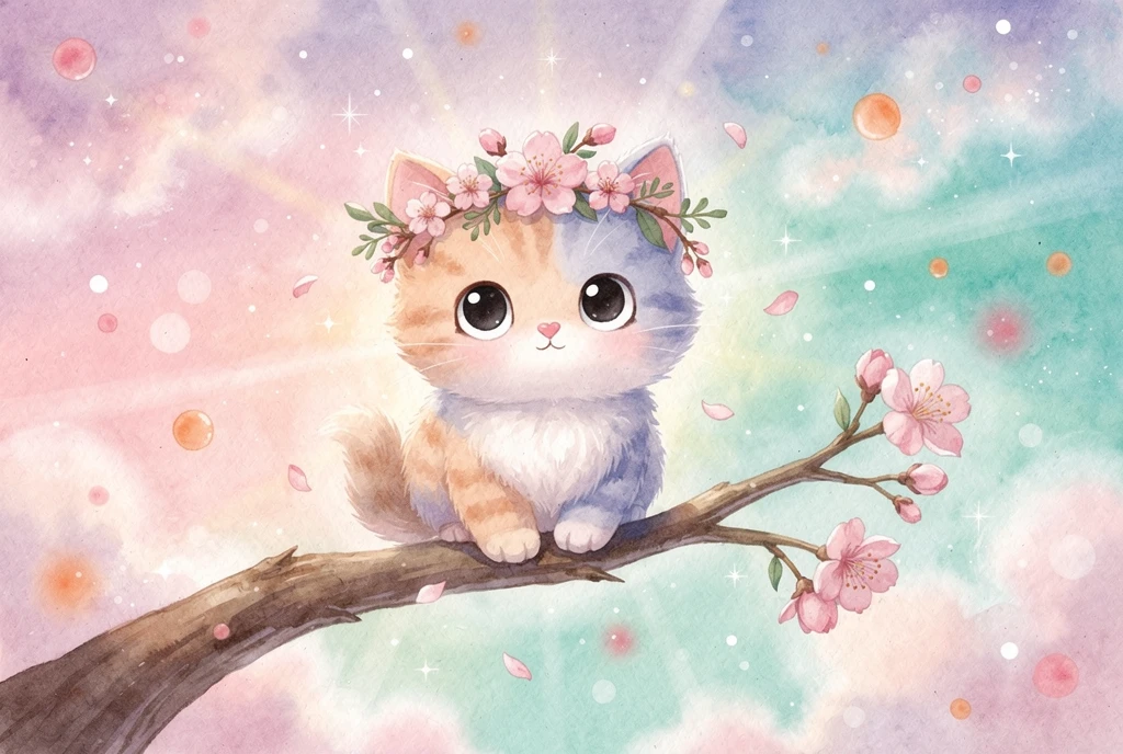 Gatinho fofo em aquarela com coroa de flor de cerejeira