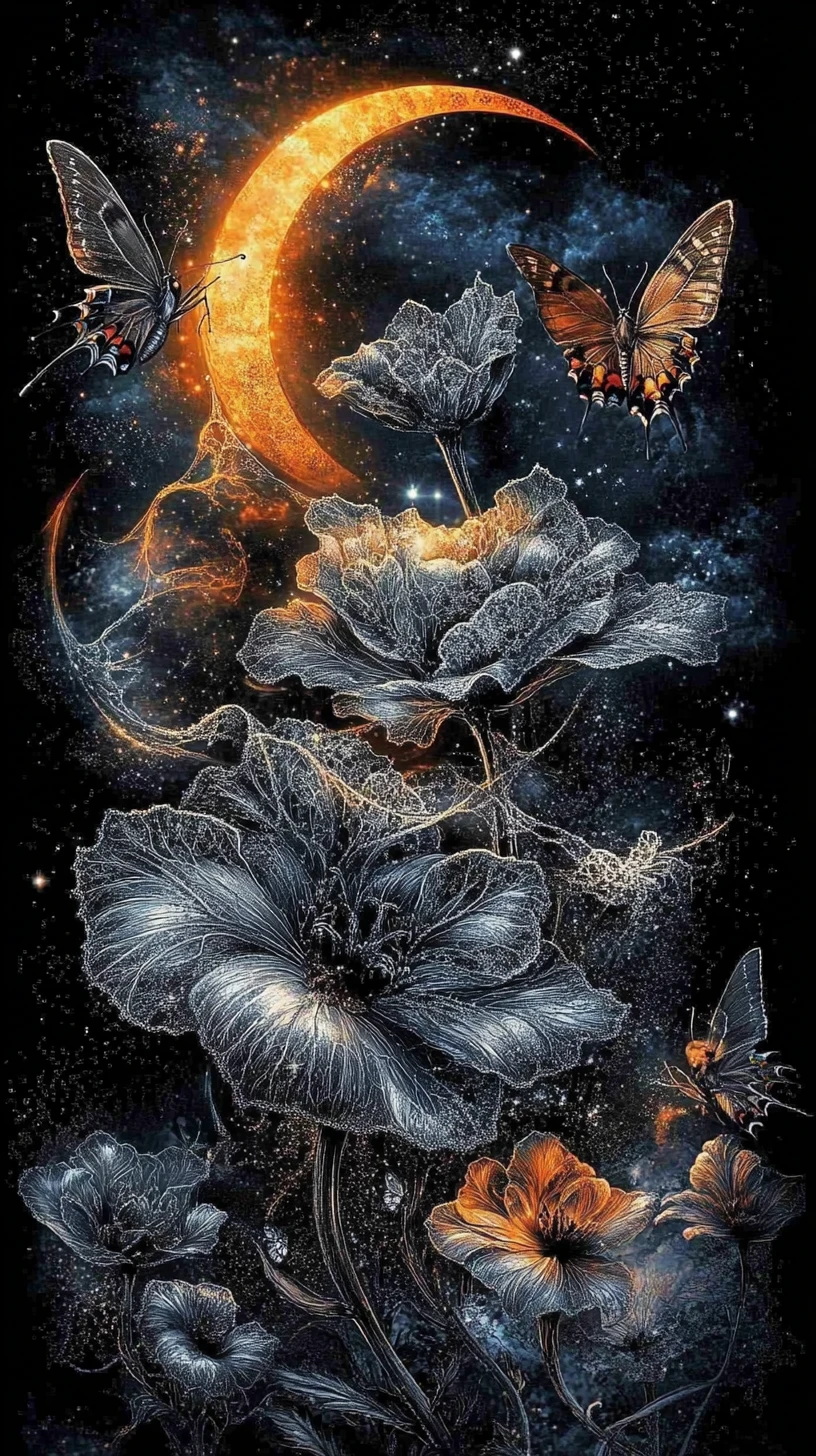 Jardin gothique au clair de lune aux fleurs d’argent et aux papillons de nuit dansants