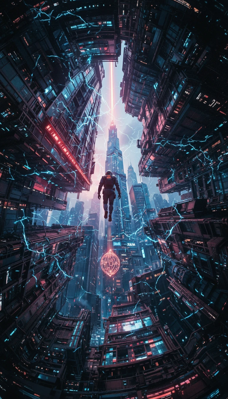Ciborgue voando sobre um horizonte de cidade futurista em espiral