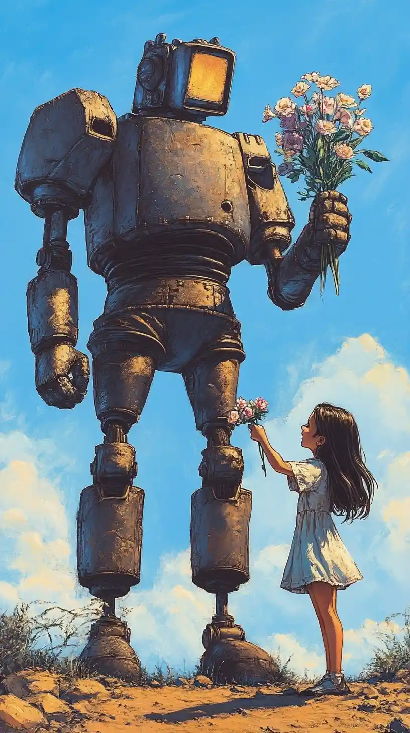 Giant robot and smiling girl under a clear blue sky