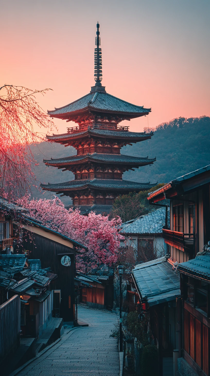 Calle urbana empinada con pagoda cubierta de flores al atardecer