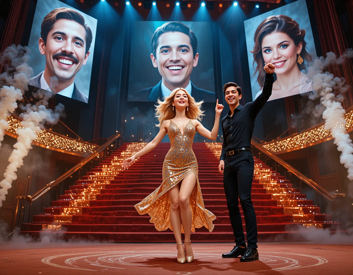Young couple dancing on a glamorous theater stage
